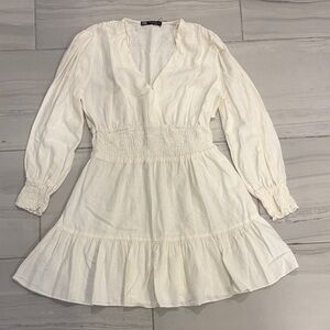 Zara Oyster White Bohemian V-Neck and Smocked Waist Dress